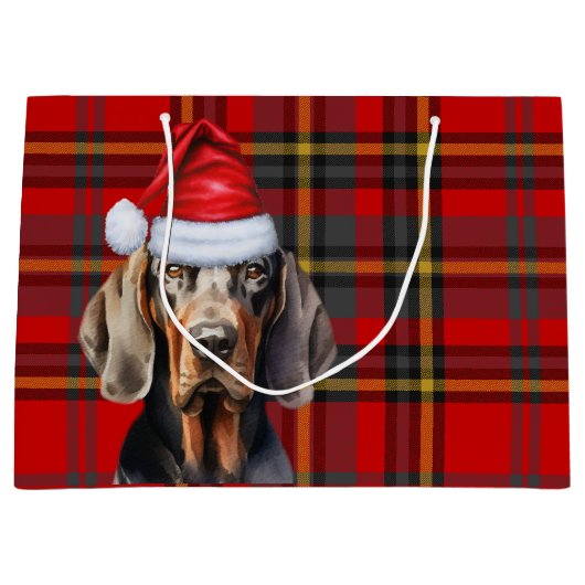 Red Plaid Tan en Black Coonhound Lover Holiday Groot Cadeauzakje (Voorkant)