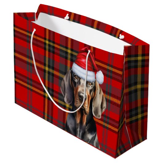 Red Plaid Tan en Black Coonhound Lover Holiday Groot Cadeauzakje (Achterkant Gekanteld)