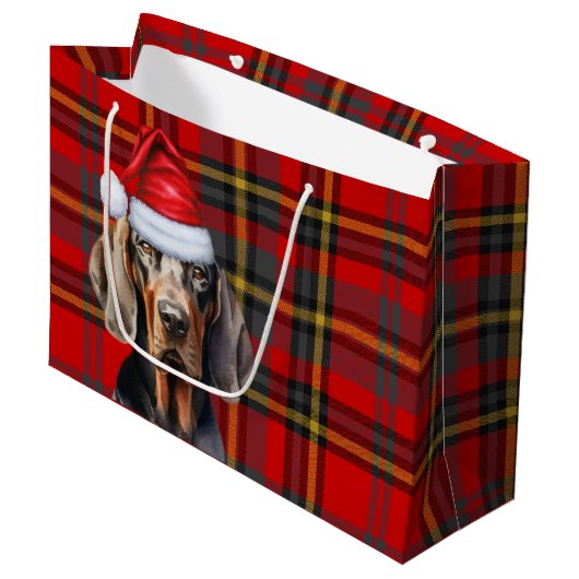 Red Plaid Tan en Black Coonhound Lover Holiday Groot Cadeauzakje (Voorkant Gekanteld)