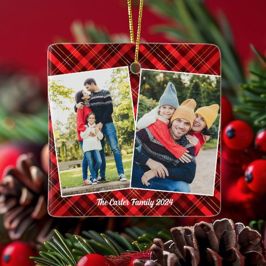 Red Plaid Tartan Christmas 2 Familiefoto Keramisch Ornament