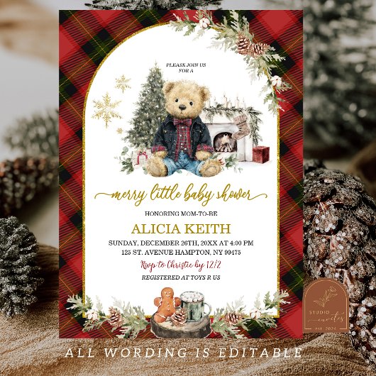 Red Plaid Tartan Christmas Luxury Boy Bear  Kaart