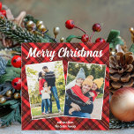 Red Plaid Tartan Merry Christmas 2 Familiefoto Feestdagenkaart<br><div class="desc">Een klassiek rood geplakt tartan patroon achter uw 2 vakantie verticale familie foto collage voor een feestelijke,  traditionele Merry kerstkaart. Mooie en eenvoudige kerstkaarten met twee foto's.</div>
