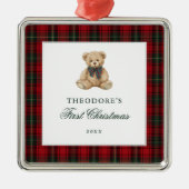 Red Plaid Teddy Bear Baby First Christmas Metalen Ornament (Voorkant)