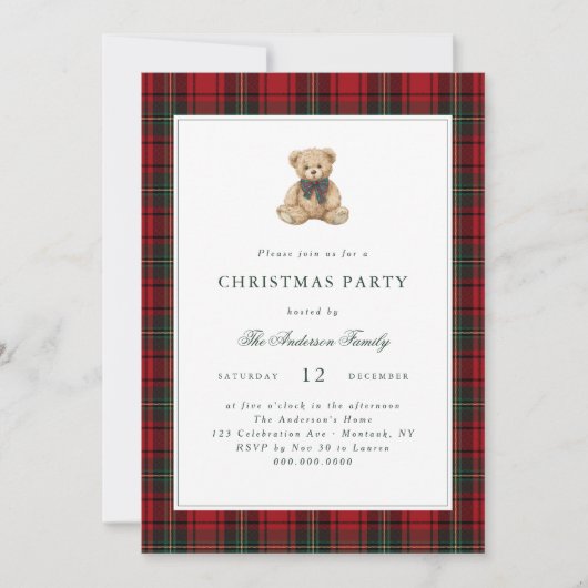 Red Plaid Teddy Bear Christmas Party Kaart (Voorkant)