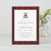 Red Plaid Teddy Bear Christmas Party Kaart (Staand voorkant)