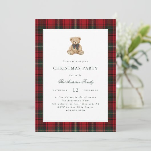 Red Plaid Teddy Bear Christmas Party Kaart (Staand voorkant)