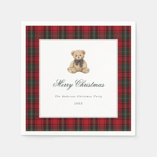 Red Plaid Teddy Bear Christmas Party Servet (Voorkant)