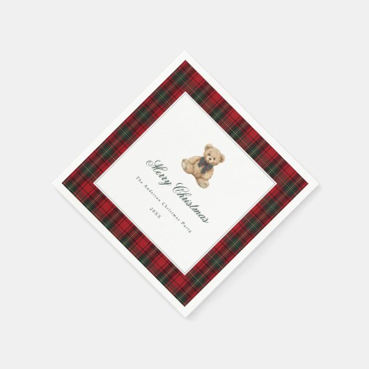 Red Plaid Teddy Bear Christmas Party Servet (Hoek)