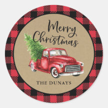 Red Plaid Truck Kerst sticker