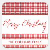 Red Plaid Vrolijk Kerstfeest | suikerriet Vierkante Sticker (Voorkant)