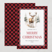 Red Plaid Waterverf Deer Snowy Merry Christmas Feestdagenkaart (Voorkant / Achterkant)