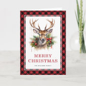 Red Plaid Waterverf Deer Vrolijk Kerstfeest Feestdagen Kaart (Voorkant)