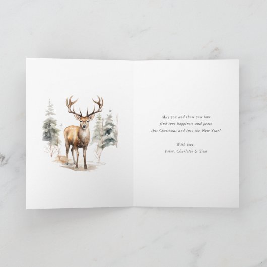 Red Plaid Waterverf Deer Vrolijk Kerstfeest Feestdagen Kaart (Binnen)