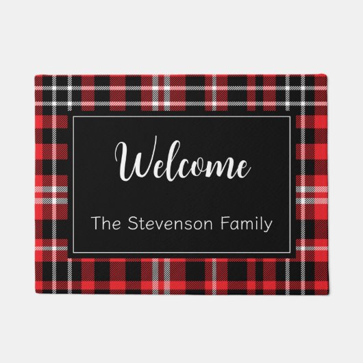 Red Plaid Welkom Monogrammed familienaam Deurmat (Voorkant)