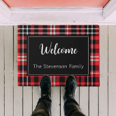 Red Plaid Welkom Monogrammed familienaam Deurmat