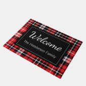Red Plaid Welkom Monogrammed familienaam Doorma Deurmat (Schuin)
