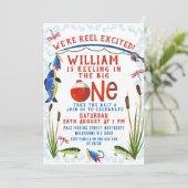 Red Plaid We're Reel Opgewonden Vist 1e Verjaardag Kaart (Staand voorkant)