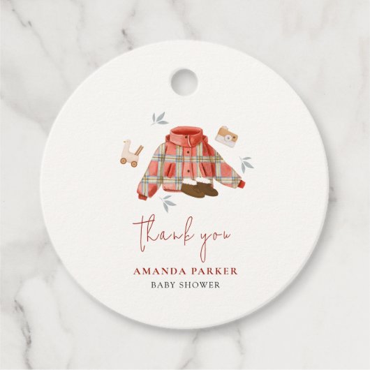 Red Plaid Winter Kleding baby shower Dank u Bedankjes Labels (Voorkant)