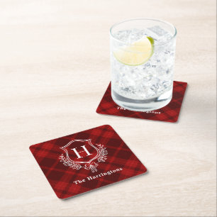 Red Plaid Winter Monogram Crest Initiaal Kartonnen Onderzetters