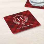 Red Plaid Winter Monogram Crest Initiaal Kartonnen Onderzetters (Schuin)