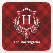 Red Plaid Winter Monogram Crest Initiaal Kartonnen Onderzetters (Voorkant)