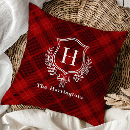 Red Plaid Winter Monogram Crest Initiaal Kussen