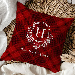 Red Plaid Winter Monogram Crest Initiaal Kussen