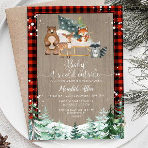 Red Plaid Woodland Lumberjack Snowy Baby shower Kaart