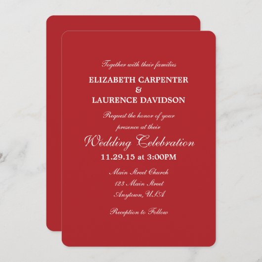 Red Plain eenvoudige bruiloft uitnodiging (Voorkant / Achterkant)