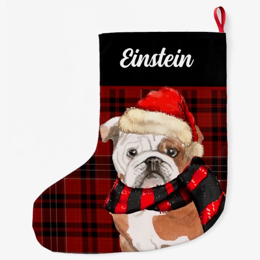 Red Play en een Engelse Bulldog met Dog's Name Grote Kerstsok (Achterkant)