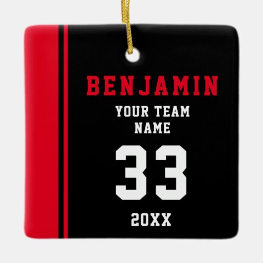 Red Player Name Number Team Sports Kinder Keepomwi Keramisch Ornament (Voorkant)