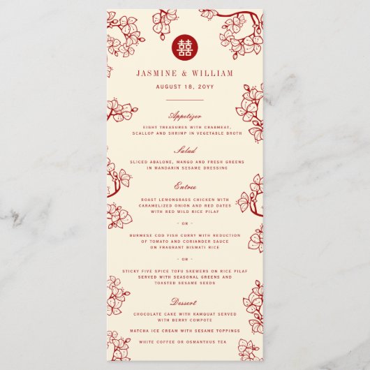 Red Plum Blossom Double Happiness Chinese Wedding Menu (Voorkant)
