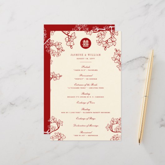 Red Plum Blossom Double Happiness Wedding Programm (Voorkant / Achterkant in situ)
