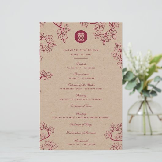 Red Plum Blossom Double Happiness Wedding Programm (Staand voorkant)