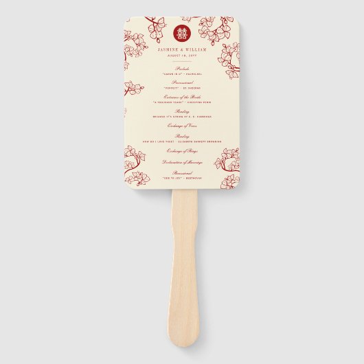 Red Plum Blossom Double Happiness Wedding Programm Handwaaier (Voorkant)
