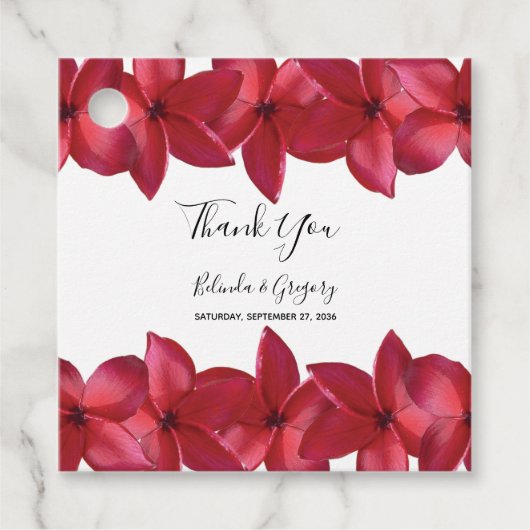 Red Plumeria Frangipani Wedding Gift Bedankjes Labels (Voorkant)