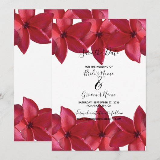 Red Plumeria Frangipani Wedding Save the Date (Voorkant / Achterkant)