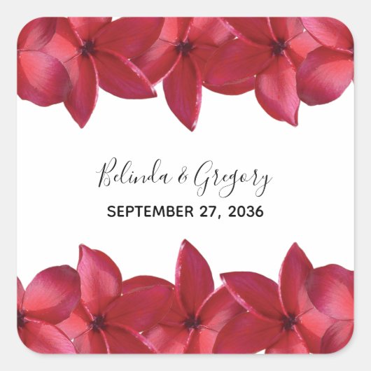 Red Plumeria Frangipani Wedding Vierkante Sticker (Voorkant)