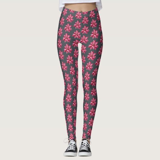 Red Poinsetta Pattern Floral Kerstmis Black Leggings (Voorkant)