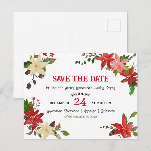 Red Poinsettia Annual Holiday Party Save the Date Aankondigingskaart (Voorkant / Achterkant)