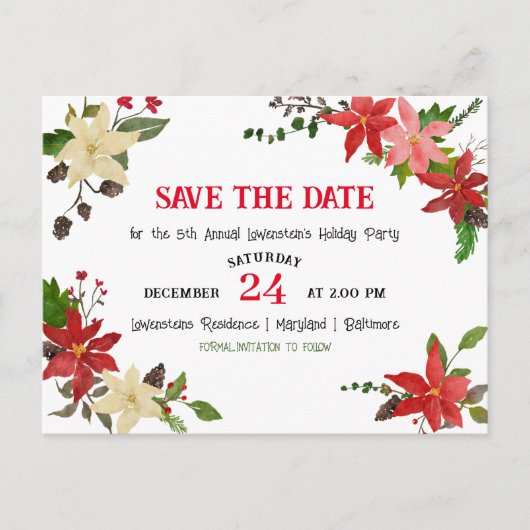Red Poinsettia Annual Holiday Party Save the Date Aankondigingskaart (Voorkant)