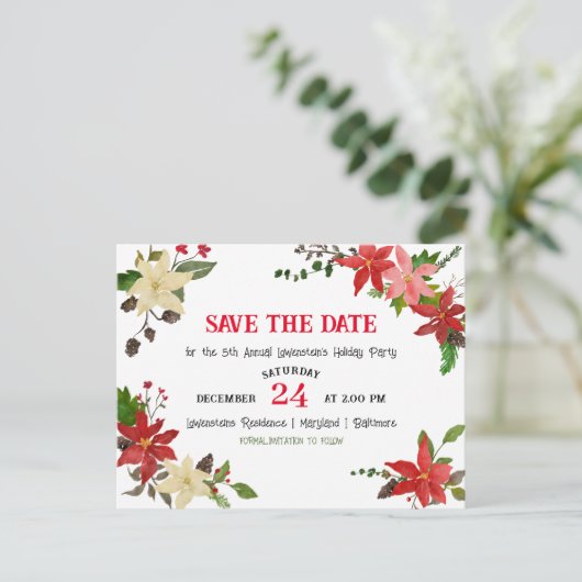 Red Poinsettia Annual Holiday Party Save the Date Aankondigingskaart (Staand voorkant)