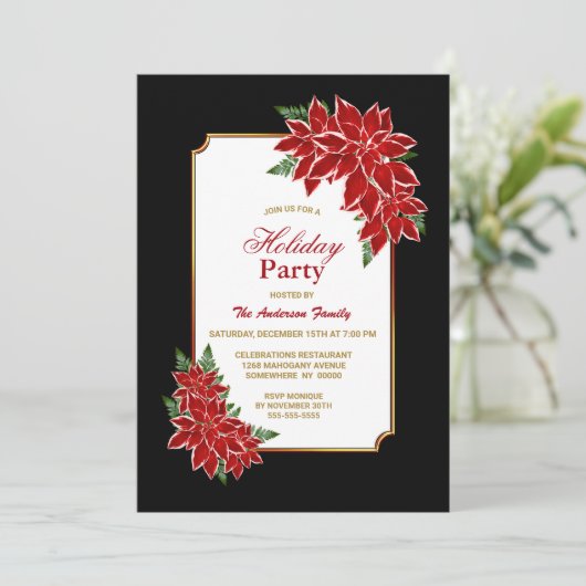 Red Poinsettia Black Border Holiday Party Kaart (Staand voorkant)