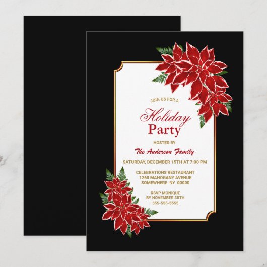 Red Poinsettia Black Border Holiday Party Kaart (Voorkant / Achterkant)