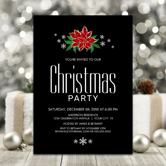 Red Poinsettia Black minimalist kerstfeest Kaart