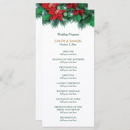 Red Poinsettia Border Wedding-programma Programmakaart (Voorkant / Achterkant)