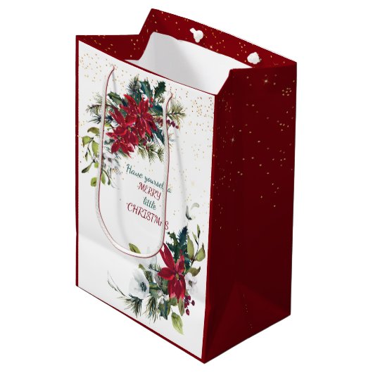 Red Poinsettia Bouquet Gold Glitter Kerstmis Medium Cadeauzakje (Voorkant Gekanteld)