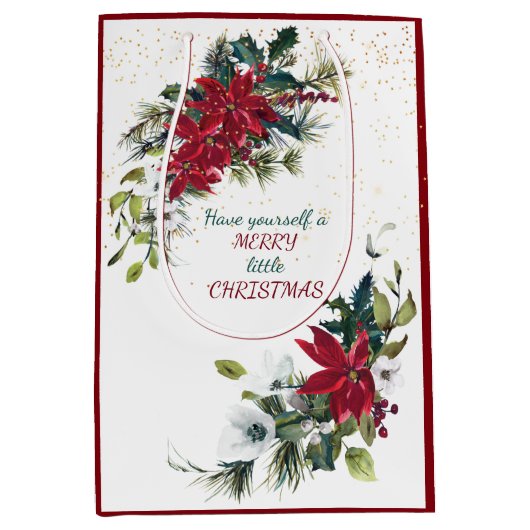 Red Poinsettia Bouquet Gold Glitter Kerstmis Medium Cadeauzakje (Voorkant)