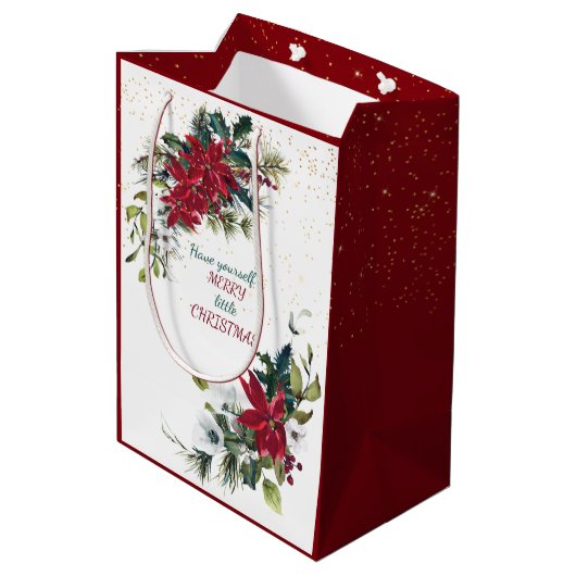 Red Poinsettia Bouquet Gold Glitter Kerstmis Medium Cadeauzakje (Achterkant Gekanteld)