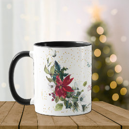 Red Poinsettia Bouquet Gold Glitter Kerstmis Mok